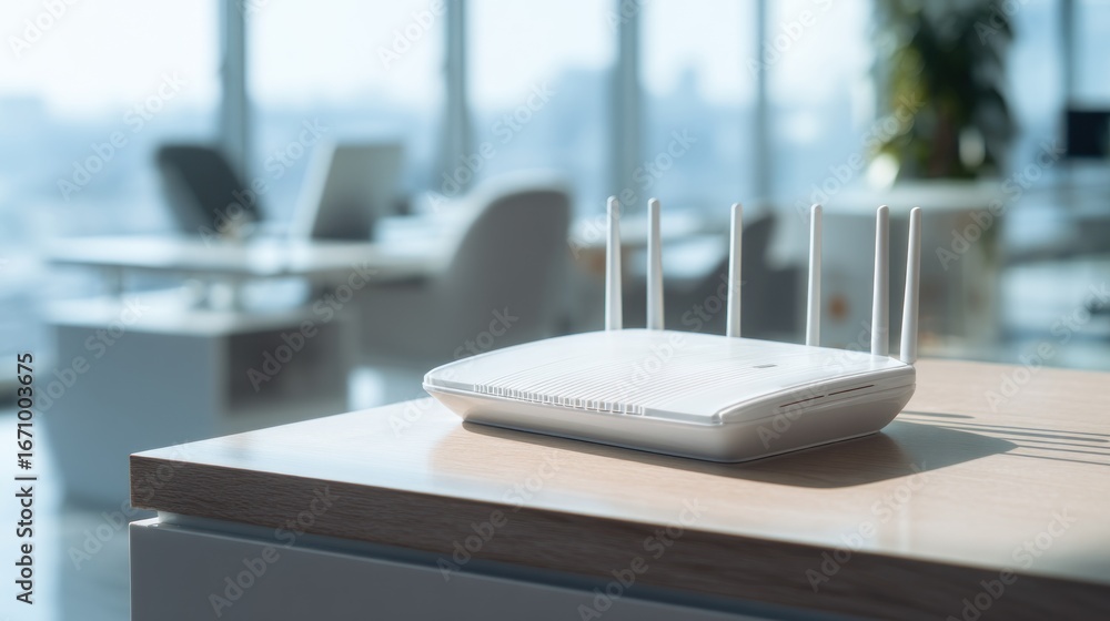Poster wireless router sits on office table near window, ready for connection