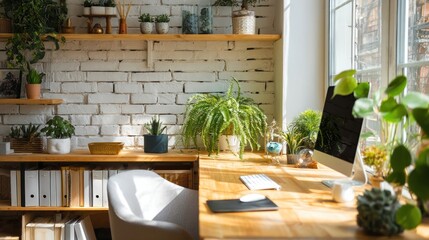 Home office setup Plants on wooden desk with brick wall, shelves, and natural light