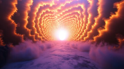 A surreal scene of vibrant clouds leading to a bright sun over a tranquil ocean.