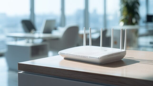 Wireless router sits on office table near window, ready for connection - Powered by Adobe