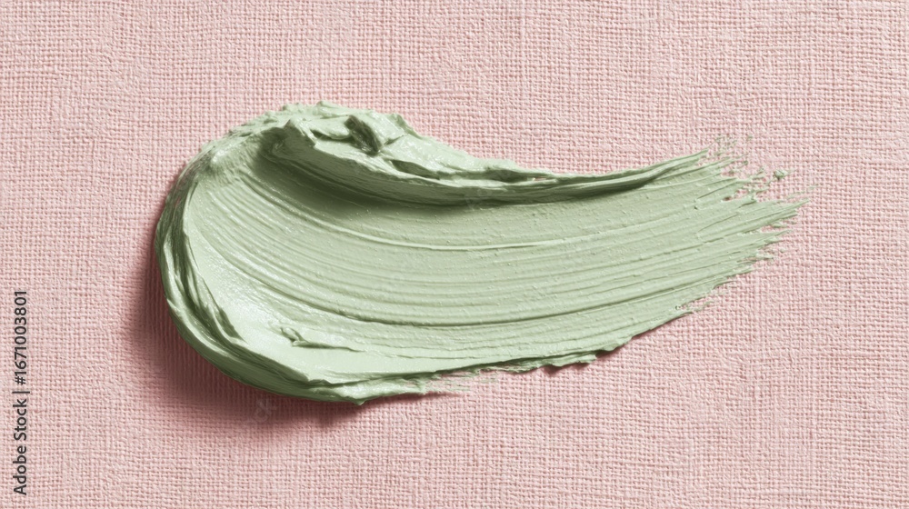 Poster and keyword list based on the image green smear applied on pink canvas. close up