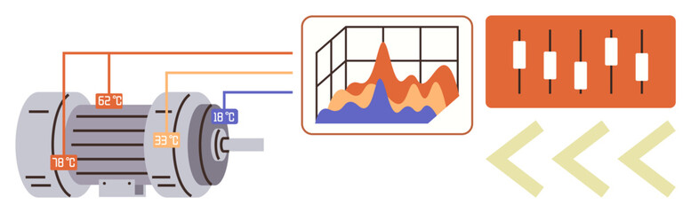 Electric motor with labeled sensors, graph with analytics, control panel sliders, and arrows indicating flow. Ideal for automation, engineering, diagnostics, efficiency, IoT mechanics simple flat