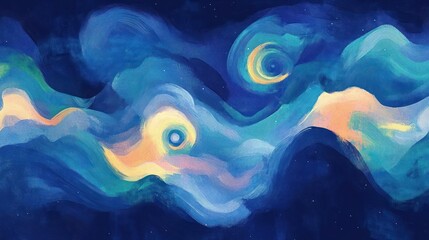 Abstract swirling clouds in deep blue and soft pastel hues, evoking a dreamy atmosphere.