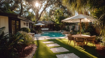 Elegant backyard w/ pool, lush garden, & patio dining set. Relaxing outdoor scene in sunny home.