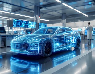 Futuristic electric car hologram in a high-tech research and development laboratory with a scientist observing.