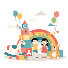 Joyful childhood playtime with colorful toys and balloons celebrating fun and imagination