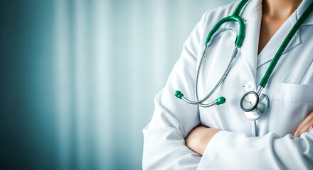 A close-up view of a medical professional in a white coat wearing a stethoscope with arms crossed signifying confidence and readiness to provide healthcare services and medical assistance
