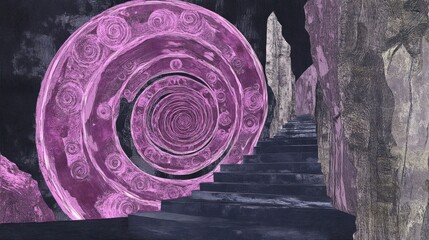 A surreal staircase leads to a swirling pink portal amidst rocky textures.