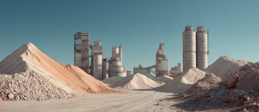 Industrial Landscape with Large Machinery and Piles of Raw Materials in a Mining Area