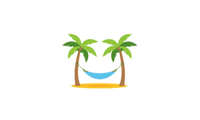Hammock between two palm trees on a sandy patch, tropical illustration.