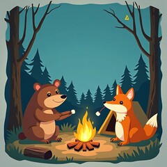Bear and Fox Roasting Marshmallows Camping in Forest Cartoon Illustration