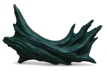 Weathered dark teal driftwood piece, studio-lit against transparent backdrop, highlighting natural texture and sculptural form
