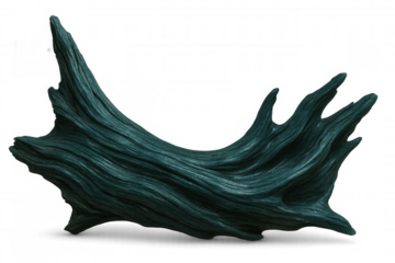 Weathered dark teal driftwood piece, studio-lit against transparent backdrop, highlighting natural texture and sculptural form