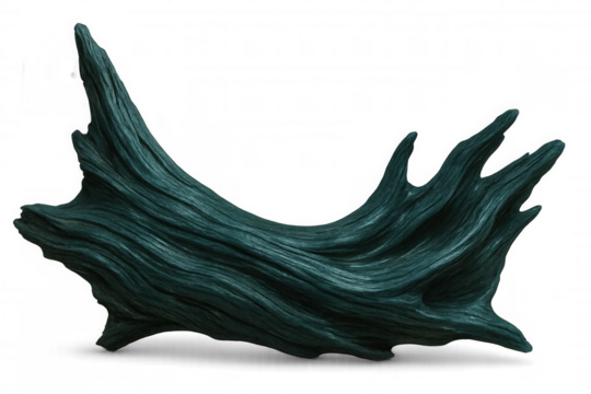 Weathered dark teal driftwood piece, studio-lit against transparent backdrop, highlighting natural texture and sculptural form - Powered by Adobe