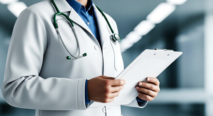 A medical practitioner in a lab coat holds a clipboard with patient records symbolizing dedication to healthcare and patient well-being The image conveys professionalism and expertise