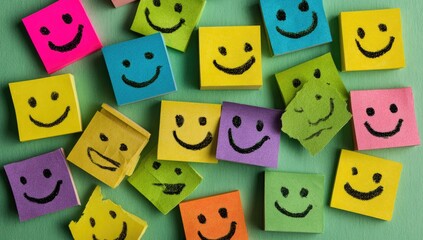 Colorful sticky notes with smiling faces, some torn