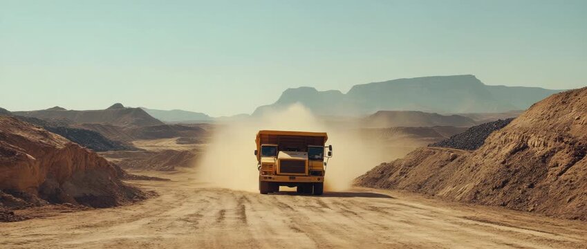 Heavy dump truck heavy vehicle driving dusty dirt road open pit mine mountain landscape construction mining earth clear sky background scene