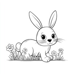 Obraz premium Cute black and white rabbit in grass with flowers