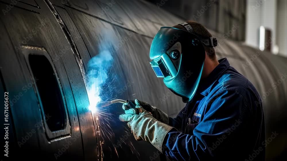 Poster bright sparks flying off the welding torch held by an engineer working on a curved section of a subm