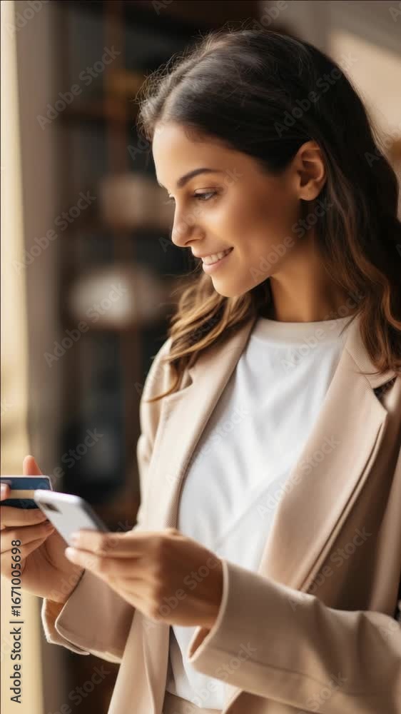 Aufkleber woman smiling while using a mobile device with digital financial services capabilities.