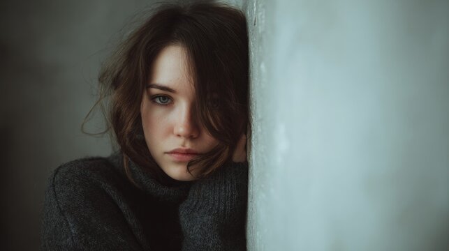 Depressed young widow leaning on wall copy space Awareness and support for grief and loneliness