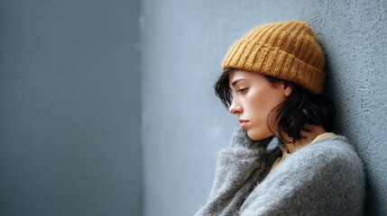 Depressed young widow leaning on wall copy space Awareness and support for grief and loneliness