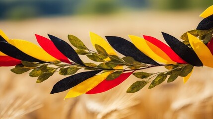 German Unity Day black red gold ribbon wreath with autumn leaves, warm sunlight highlights against blurred golden wheat field, serene patriotic festive atmosphere