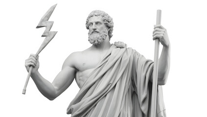 Obraz premium Ancient Greek God Zeus Statue Holding Lightning Bolt on White Background