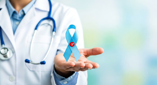 A medical professional in a white coat and stethoscope offers a teal ribbon with a blue heart representing advocacy for prostate cancer research and men's health awareness - Powered by Adobe