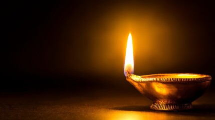 Golden diya oil lamp glowing with warm flickering flame, close-up against dark background, atmospheric lighting and spiritual festive mood