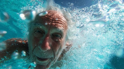 Elderly Man Swimming in Clear Blue Ocean Water with Focused Expression and Light Splashing Waves