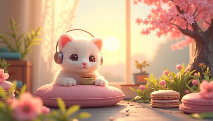 Cute Kitten Enjoying Music with Macaron Treat at Sunset