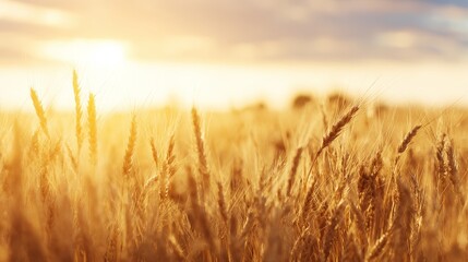 Obraz premium Golden wheat field at sunset with warm orange sky and soft glowing light, peaceful countryside farmland landscape, serene rural agricultural scene for lifestyle and design concepts