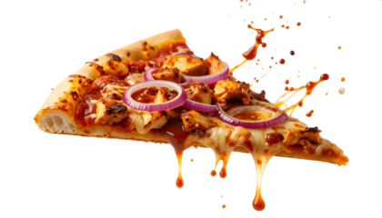 Savory slice of gourmet pizza with chicken, red onions, and melted cheese, ready to eat now!
