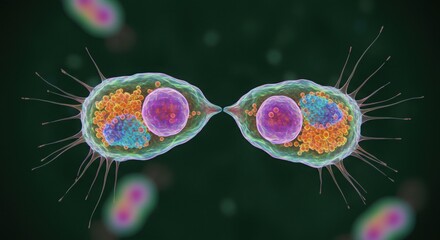 Vibrant 3D Illustration of Amoeba-like Organisms Undergoing Cell Division
