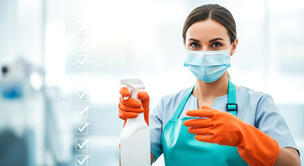 A person wearing a mask and orange gloves holds a spray bottle appearing ready to clean and sanitize The image conveys a sense of hygiene and meticulous care in a well-lit environment