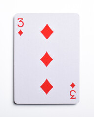 Three of Diamonds playing card, isolated on white background