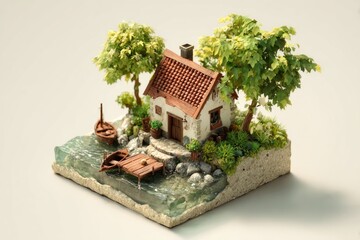 Miniature cottage by the water, detailed scene.  Small, charming house,  terracotta roof, light-colored walls,  with two trees,  boats, and rocks, on a square base.  Tranquil, idyllic scene