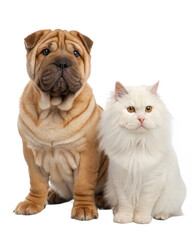 Adorable Shar Pei puppy and fluffy white cat sitting side-by-side, cute animal friends