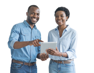 Coworkers Smiling and Pointing at Tablet, Casual Work Environment, Transparent PNG