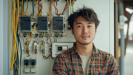 Young man near electrical panel with wires and meter, wearing casual plaid shirt, technician indoors, focused on electricity control box, confident and calm in industrial setting
