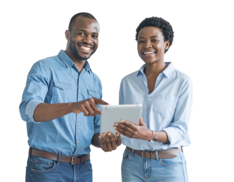 Coworkers Smiling and Pointing at Tablet, Casual Work Environment, Transparent PNG