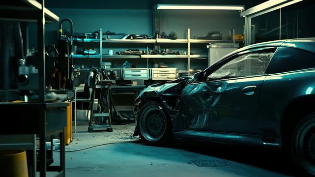 Damaged car with crushed side and broken window in dimly lit garage interior filled with tools and equipment showing accident aftermath and repair needs in workshop environment