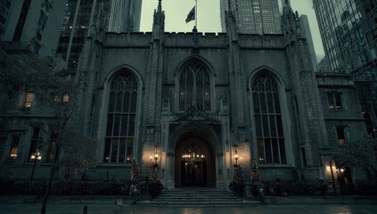 Fototapeta premium Gothic architecture of a historic building in a city at twilight.