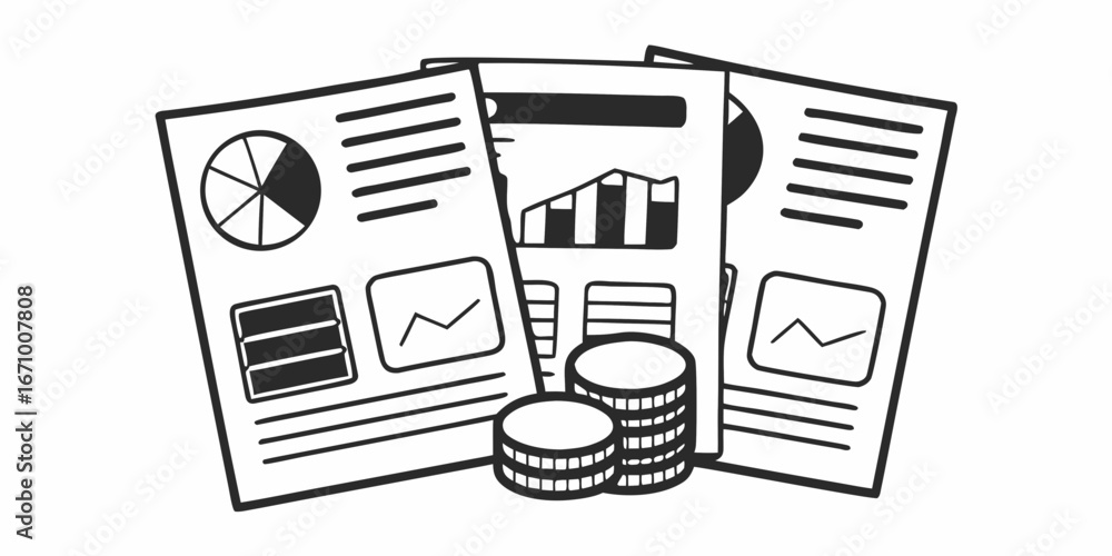 Poster Illustration of financial reports with charts and graphs and a stack of coins in monochrome