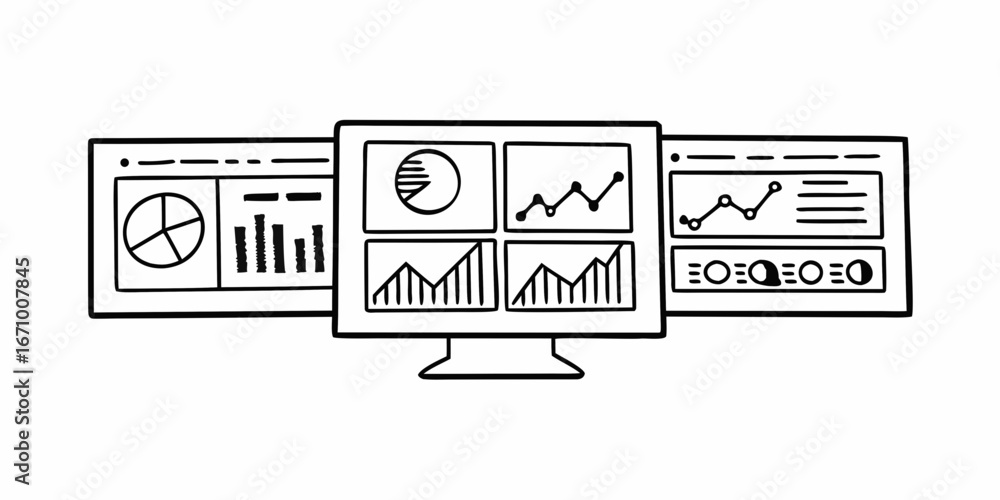 Aufkleber illustration of three computer screens displaying various types of data charts and graphs shown in b