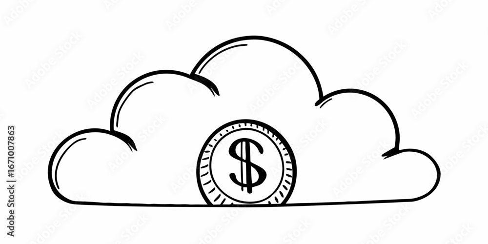 Poster outline of a cloud with a dollar coin inside representing cloud based financial services concept