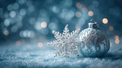 Silver Ornament and Snowflake on Snowy Winter Background