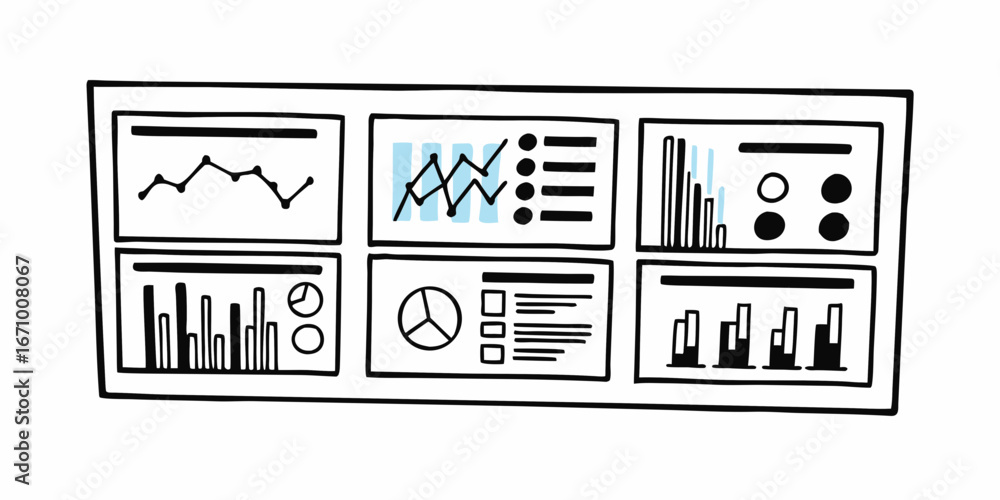 Aufkleber illustration of a dashboard interface with various charts and data visualizations displayed in multi