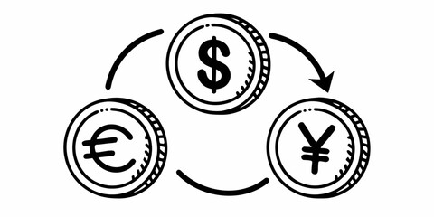 Currency exchange cycle featuring dollar euro and yen coins with circular arrows in a doodle style